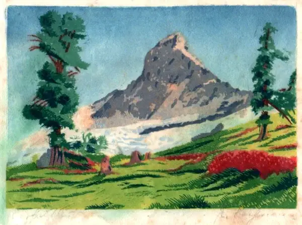 Franz Bochmann (data onbekend, Germany)  Kleurenhoutsnede 'Matterhorn' ~1925  Gesigneerd met potlood