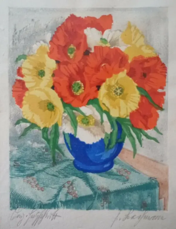 Franz Bochmann (data onbekend, Germany)  Kleurenhoutsnede 'Annemonen' ~1925  Gesigneerd met potlood