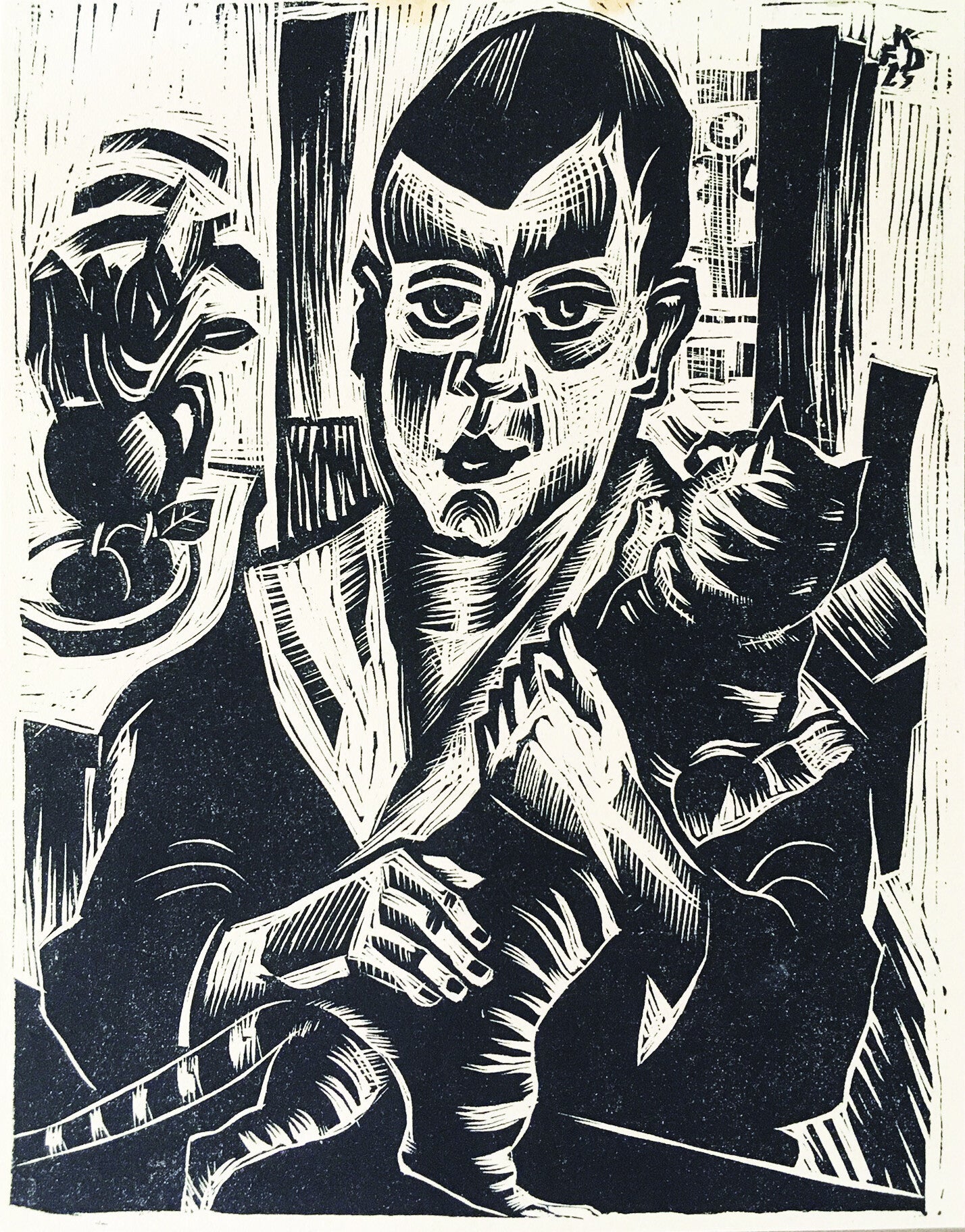 Franz Karl Delavilla (1884-1967)  Houtsnede 'Jongeman met poes' 1925
