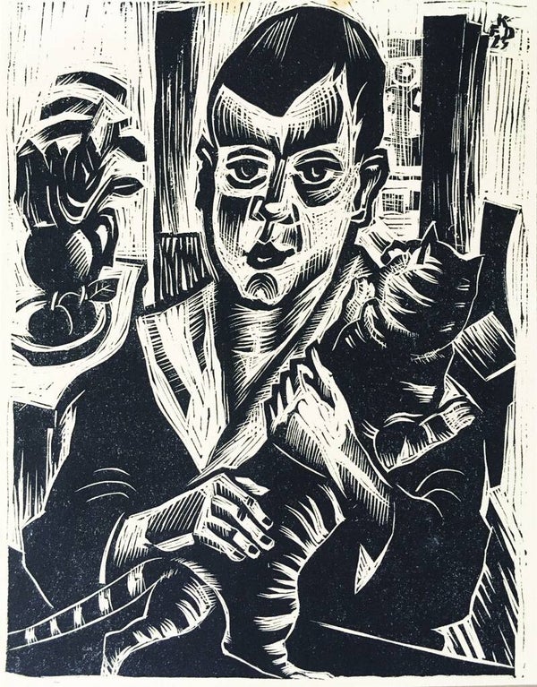 Franz Karl Delavilla (1884-1967)  Houtsnede 'Jongeman met poes' 1925