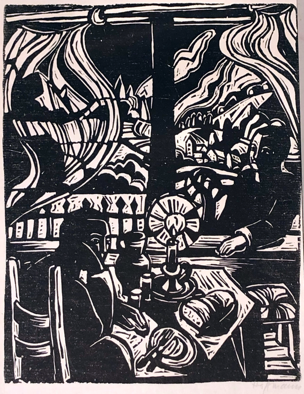 Flora Hoffmann (1941)  Houtsnede 'Café' ~1930  Gesigneerd met potlood