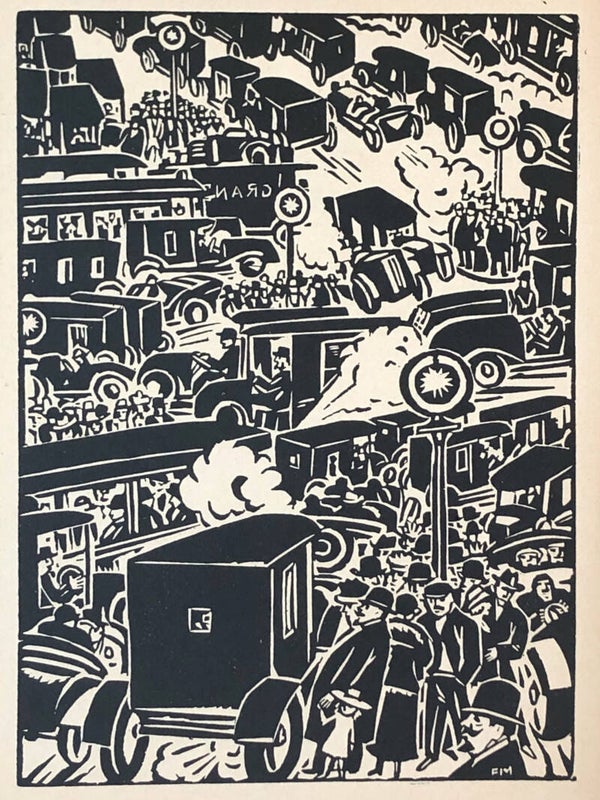 Frans Masereel (1889-1972)  Houtsnede 'Drukke stad' ~1925