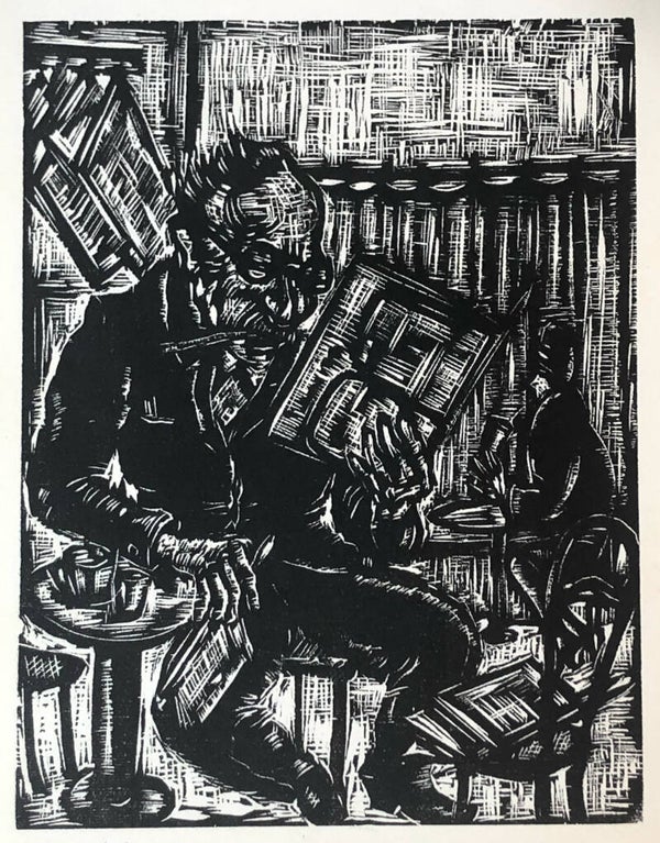 Franz Gaudeck (1889–1946)  Houtsnede 'Krantlezer in Café' ~1925
