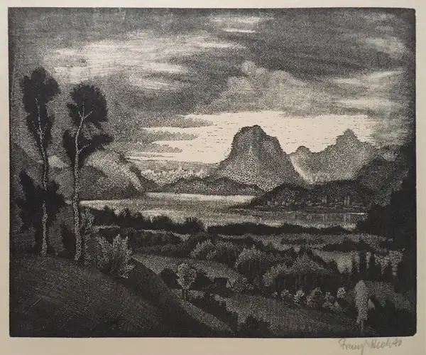 Franz Hecht (1877-1964)  Houtsnede 'Blick auf Bregenz' circa 1920  Gesigneerd met potlood