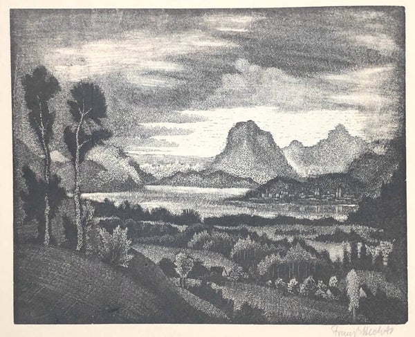 Franz Emanuel Hecht (1877–1964)  Houtsnede 'Landschap met stadje aan meer' ca. 1920  Gesigneerd met potlood