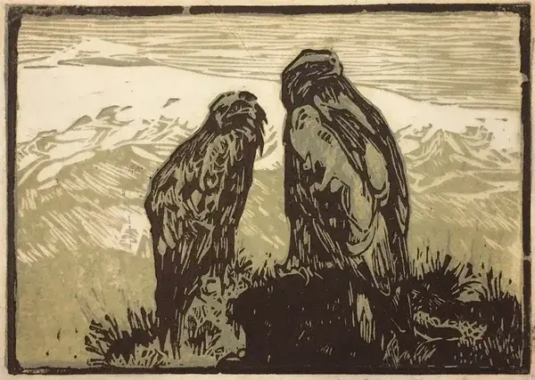 Friedrich Lissman (1880-1915)  Kleurenhoutsnede 'Rustende Adelaars' ~1910