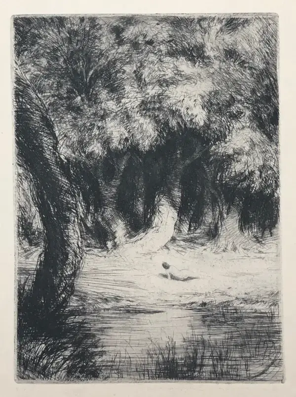 Wilhelm Friedrich Ritschel (Germany 1864-1949)  Ets ‘Vrouw bij bosmeer’ 1928  Gesigneerd met potlood