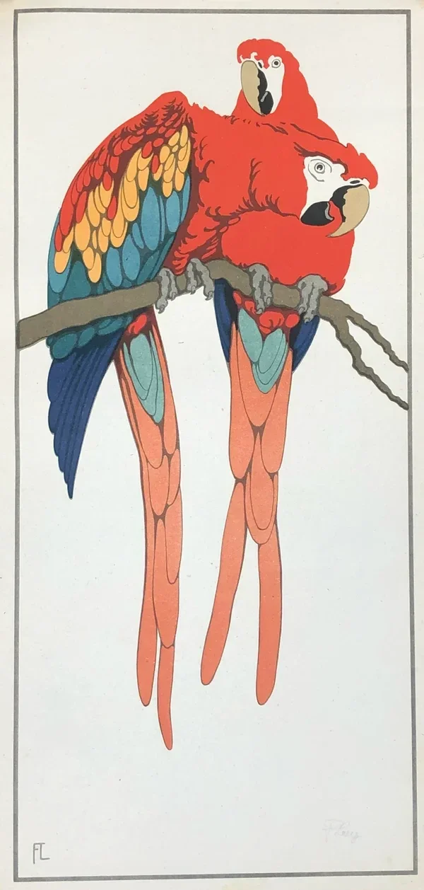 Fritz Lang (1877-1961 Germany)  Kleurenhoutsnede 'Twee Geelvleugelaras' 1930  Gesigneerd met potlood