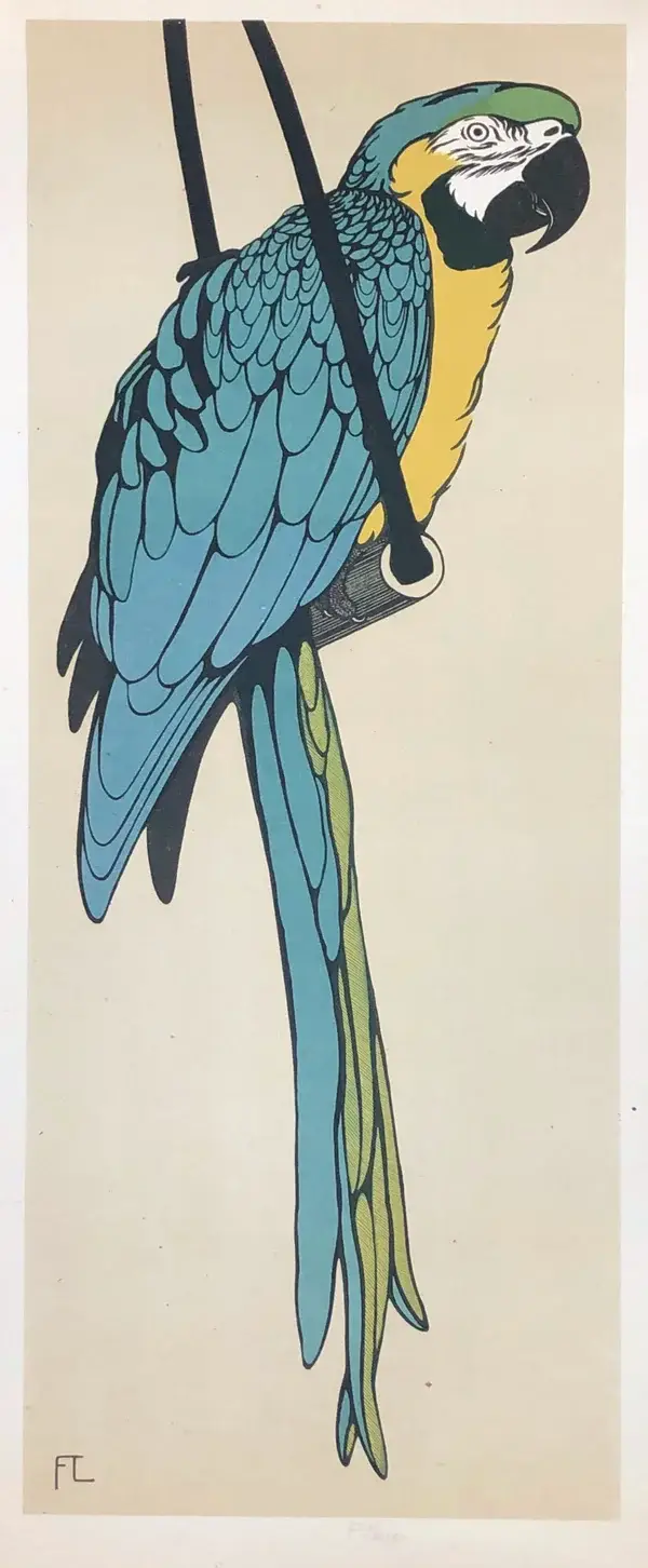 Fritz Lang (1877-1961 Germany)  Kleurenhoutsnede 'Blauwe-gele  Ara' 1930  Gesigneerd met potlood