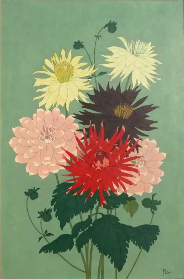 Fritz Lang (1877-1961 Germany)  Olieverf op paneel 'Zes Dahlia's - Sechs Dahlien' 1953  Gesigneerd