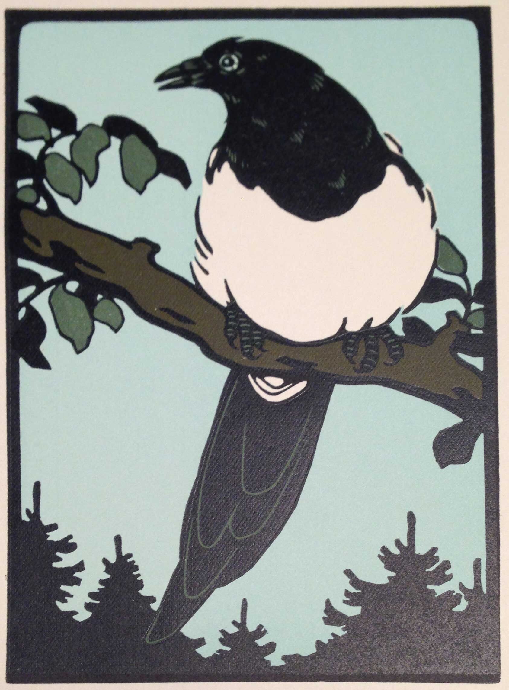 Fritz Lang (1877-1961 Germany)  Kleurenhoutsnede 'Ekster' ca. 1911