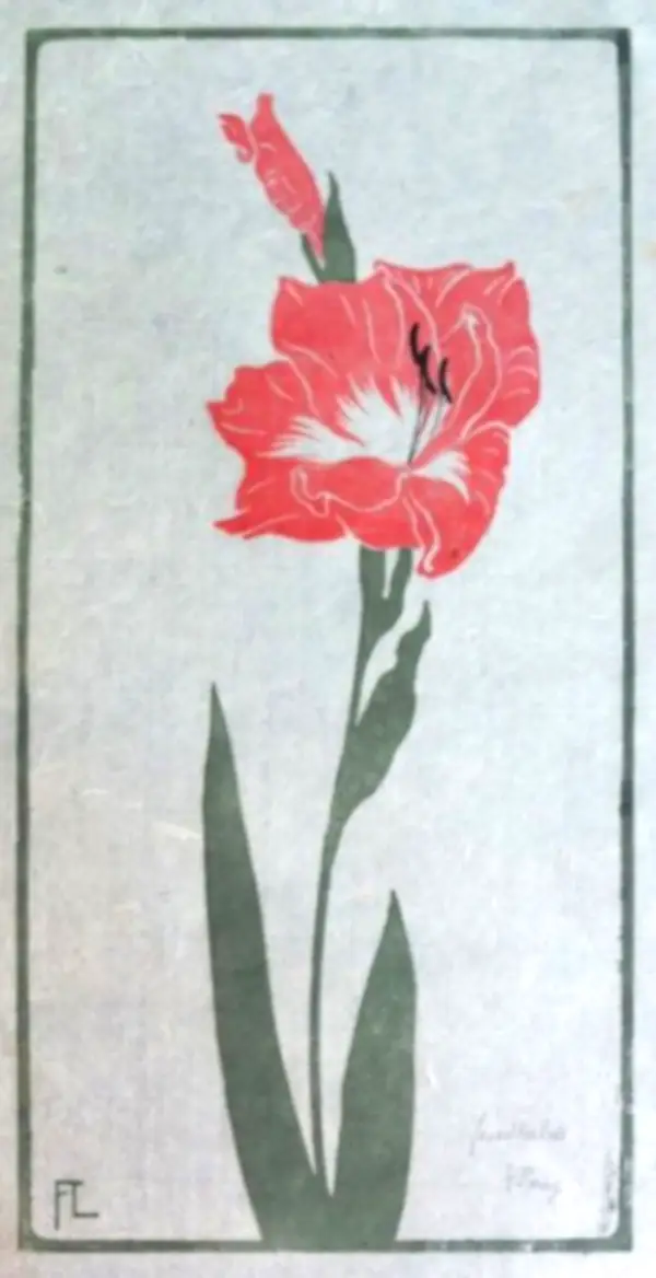 Fritz Lang (1877-1961 Germany)  Kleurenhoutsnede 'Rode Gladiool' ~1925 (* in de winkel)  Gesigneerd met potlood