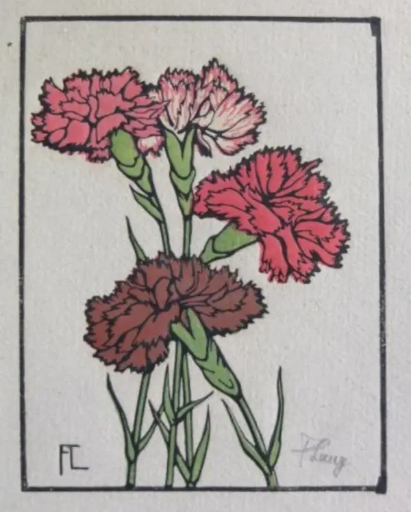 Fritz Lang (1877-1961 Germany)  Kleurenhoutsnede 'Vier Anjers' ~1925   Gesigneerd met potlood