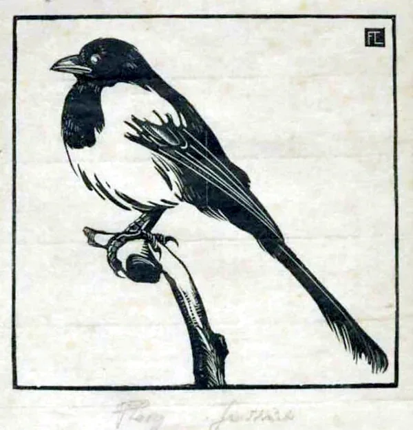 Fritz Lang (1877-1961 Germany)  Houtsnede 'Ekster op tak - Elster auf Ast' ~1906  Gesigneerd met potlood