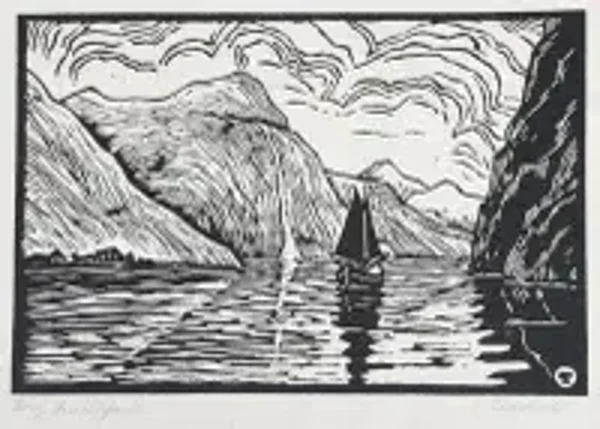 Fritz Teuchert (1909-1941)  Linosnede 'Bergmeer met zeilschip’ ~1935  Gesigneerd met potlood
