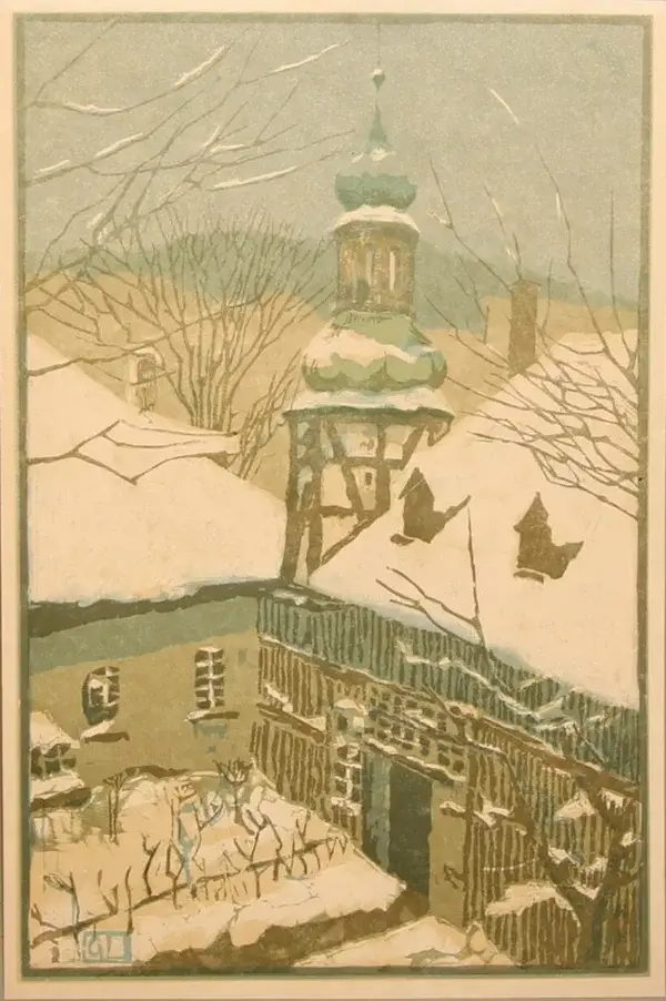 Gertrud Leschner (1879-1961)  Kleurenhoutsnede 'Hof met groententuin in winter' ~1905