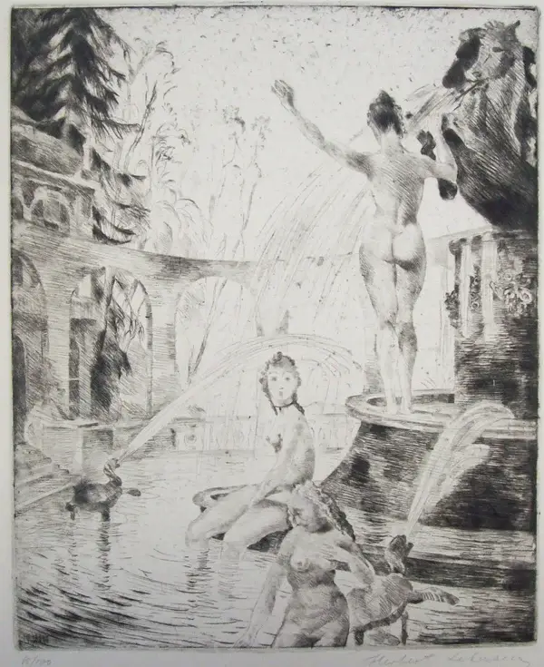 Herbert Lehmann (1890-1946)   Ets (droge naald) 'Vrouwen bij fontein' ~1925  Gesigneerd met potlood