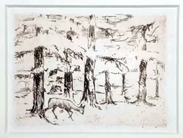 Hans Meid (1883-1957)  Ets ’Ree aan bosrand' ~1925