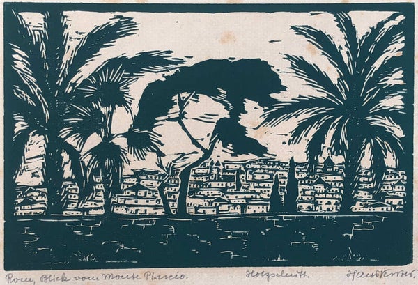 Hans Venter (1892–1971)  Kleurenhoutsnede in olijfgroen 'Rome, blik op Monte Pincio' ~1920  Gesigneerd met potlood