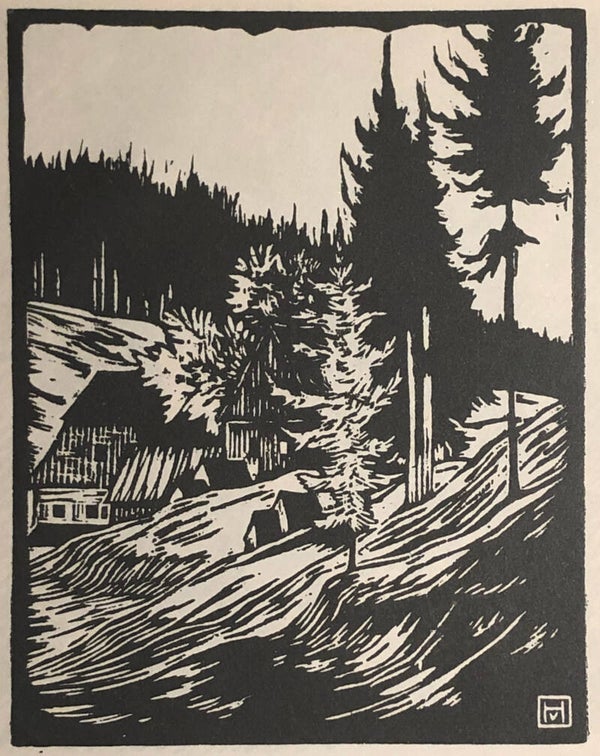 Hans Venter (1892–1971)  Houtsnede 'Huizen bij Sparren' ~1923