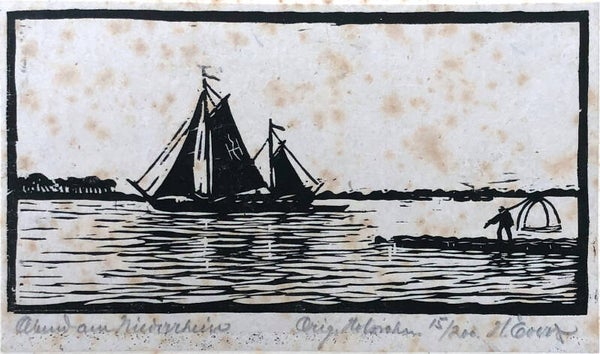 Heinrich Everz (1882-1967)  Houtsnede 'Abend am Niederrhein met kruisnetvisser' ~1923.  Gesigneerd met potlood