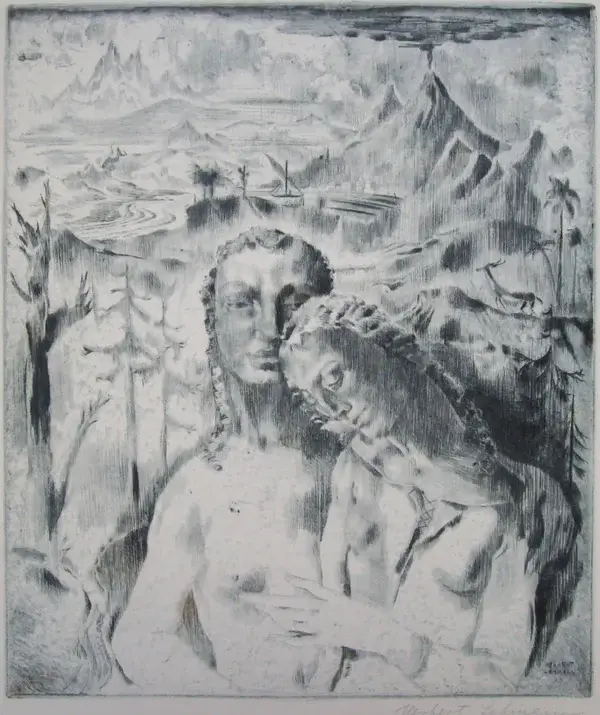 Herbert Lehmann (1890-1946)   Ets (droge naald) 'Twee vrouwen' ~1925  Gesigneerd met potlood