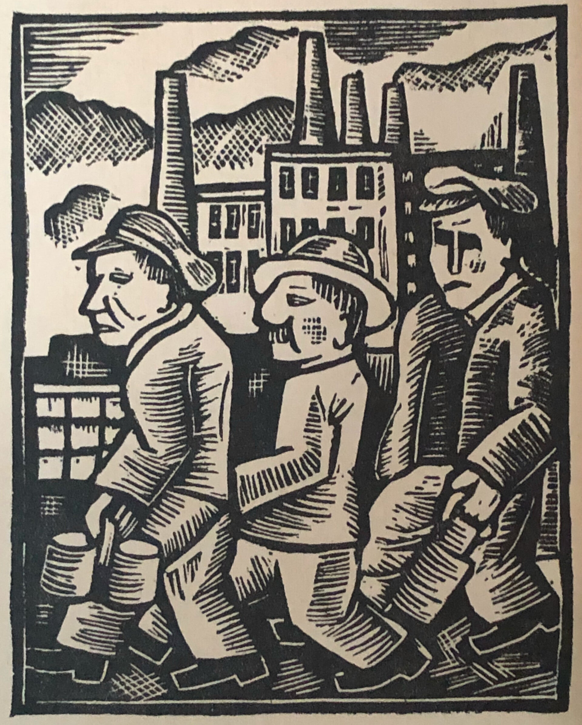 Hermann Huffert (1904-1995) Houtsnede ‘Arbeiders' ~1925