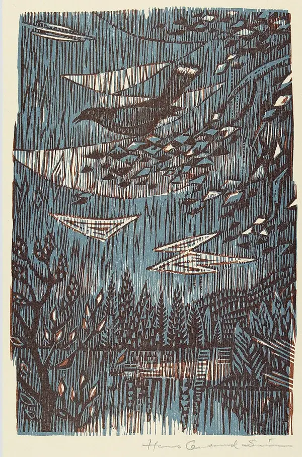 Hans Gerhard Sørensen (1923-1999 Noorwegen)  Kleurenhoutsnede 'Landschap aan het meer met vogel' 1988  Gesigneerd met potlood