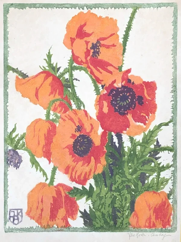 Ilse Koch-Amberg (Germany 1869-1934)  Kleurenhoutsnede 'Klaprozen' ca. 1920  Gesigneerd met potlood