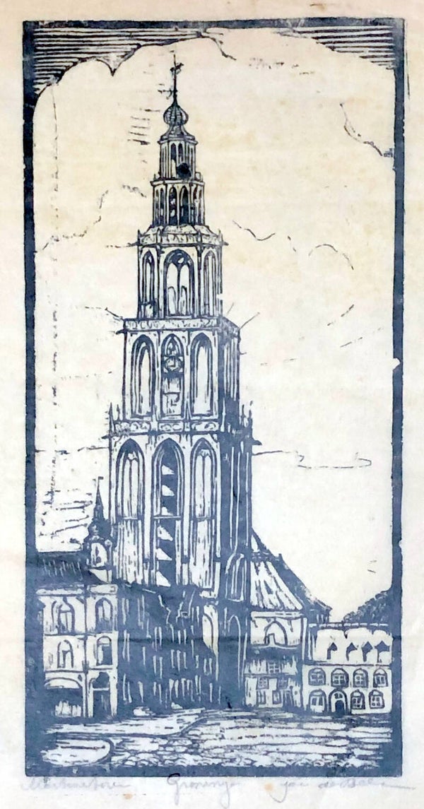 Jac de Beer (1888-1946)  Houtsnede 'Martinitoren te Groningen' ~1930.  Gesigneerd met potlood