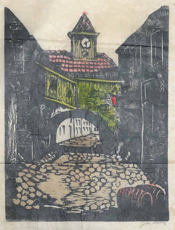 Jac de Beer (1888-1946)  Ingekleurde houtsnede 'Stadspoort' ~1930.  Gesigneerd met potlood