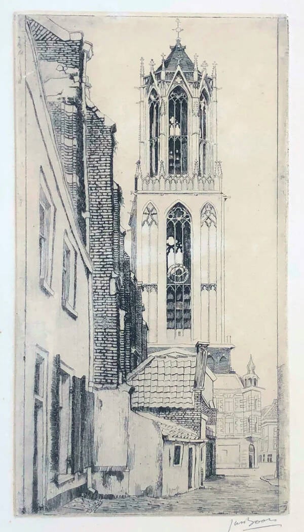 Jan Boon (1882–1975)  Ets 'Stadgezicht Utrecht met de Domtoren' ~1920  Gesigneerd met polood