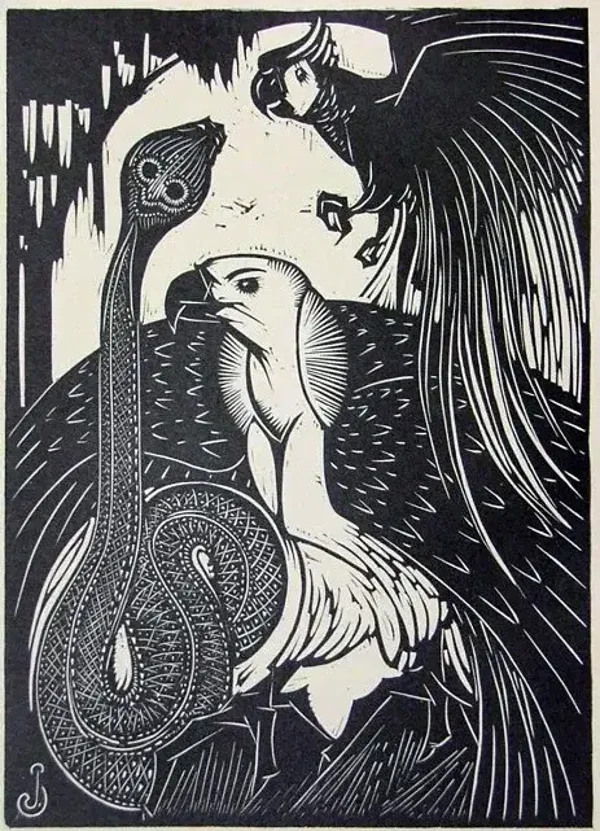 Jan Schonk (1889-1976)  Houtsnede 'Papegaai, slang en adelaar' 1928