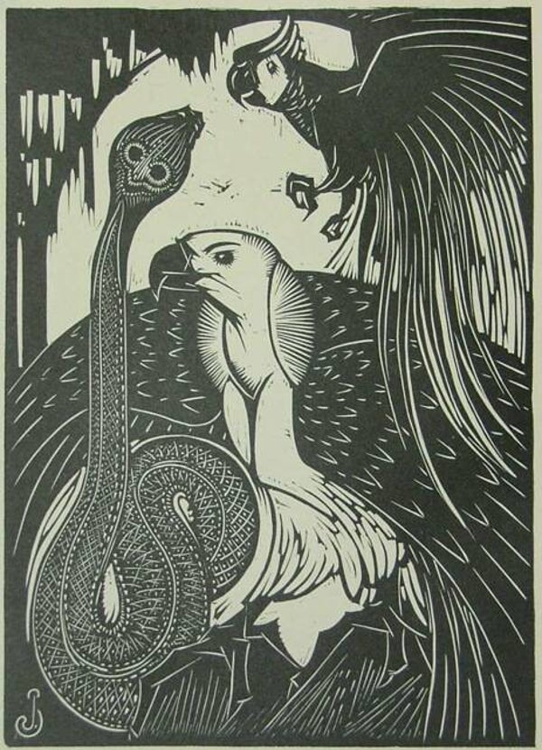 Jan Schonk (1889-1976)  Houtsnede 'Papegaai, slang en adelaar' 1928