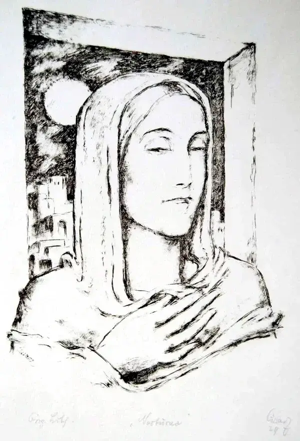 Johann Vincenz Cissarz (1873-1942)  Lithografie 'Nocturno' 1929.  Gesigneerd met potlood