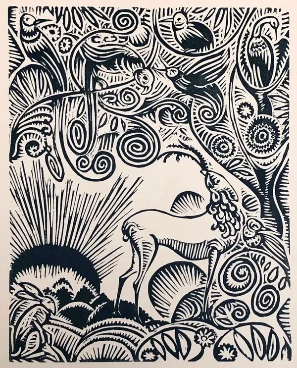 Jan-Frans Cantré (1886-1931)  Houtsnede 'Hert met papegaaien' 1924