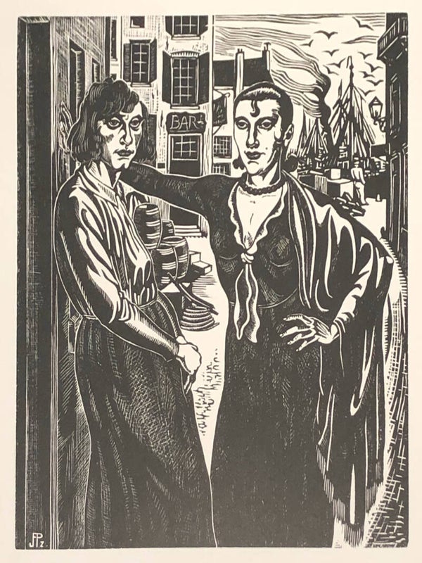 J.Franken Pzn. (Den Haag 1896-1977)  Houtsnede 'Havenmeiden' ~1930