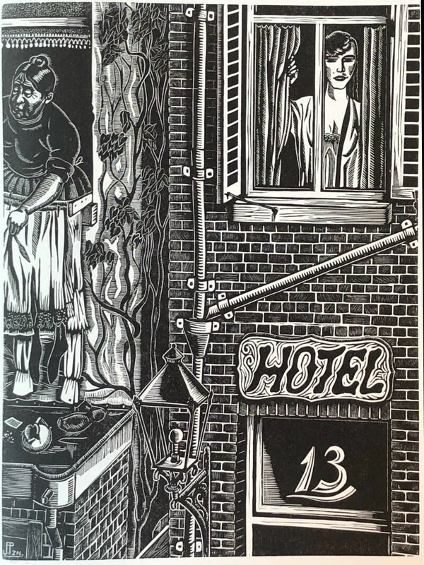 J.Franken Pzn. (Den Haag 1896-1977)  Houtsnede 'Vrouw voor het venster' ~1925