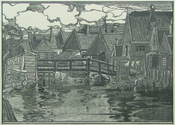 Jacobus Gerardus Veldheer (1866-1954)  Houtsnede 'Visserplaats a/d Zuiderzee - Volendam' ~1898