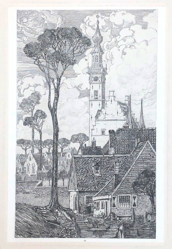 Jacobus Gerardus Veldheer (1866-1954)  Ets / Droge naald 'Bomen bij te Stadhuis te Veere' ~1900
