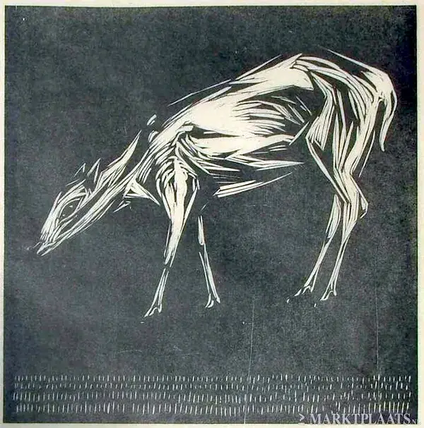 Jacobus Gerardus Veldheer (1866-1954) Houtsnede 'Hinde' 1919