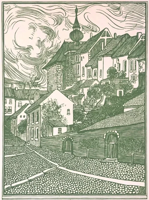 Jacobus Gerardus Veldheer (1866-1954)  Houtsnede 'Stad' ~1898