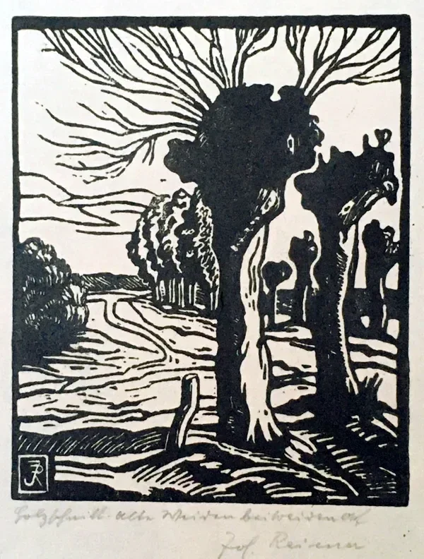 J. Reimer (XX-XX)  Houtsnede 'Knotwilg in landschap' ca. 1930