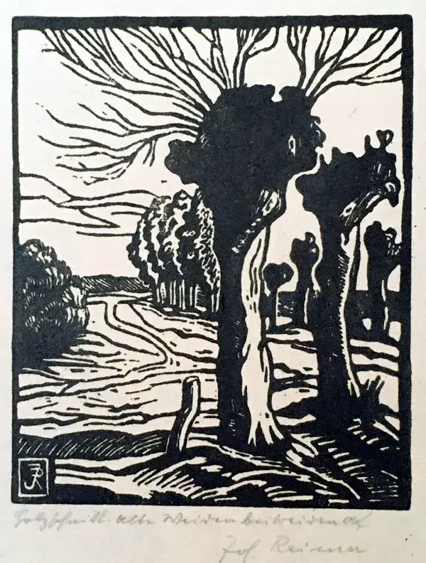 J. Reimer (XX-XX)  Houtsnede 'Knotwilg in landschap' ca. 1930