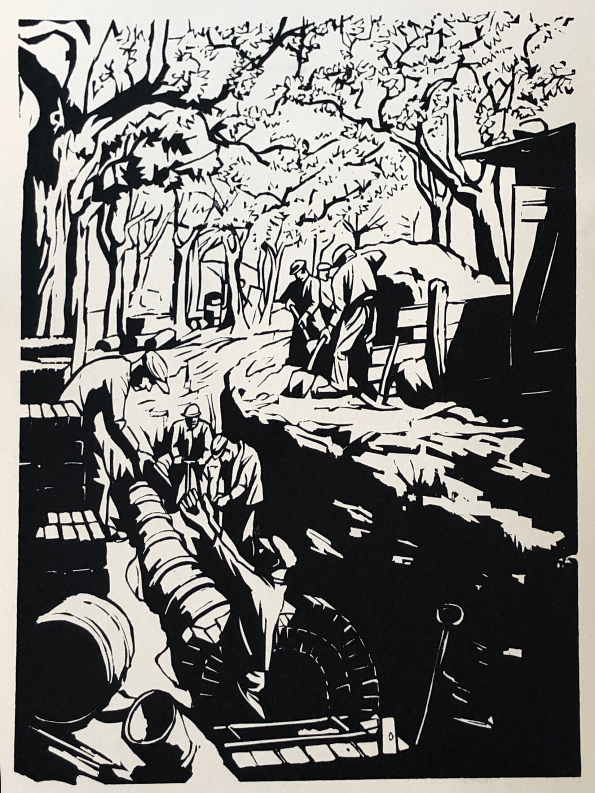 Johannes Lebek (1901-1985)  Houtsnede 'Kanalisatiewerken' ~1935  Afmetingen: 19 x 14 cm.