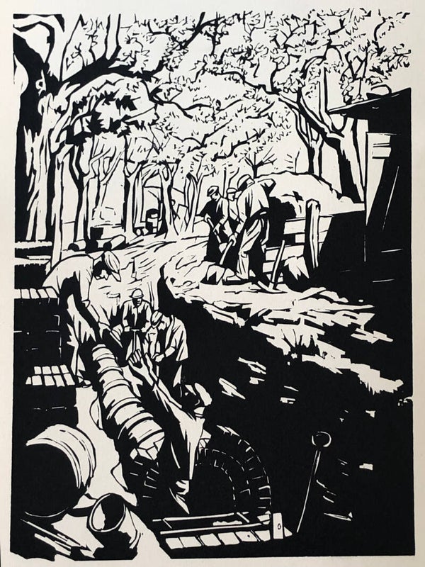 Johannes Lebek (1901-1985)  Houtsnede 'Kanalisatiewerken' ~1935  Afmetingen: 19 x 14 cm.