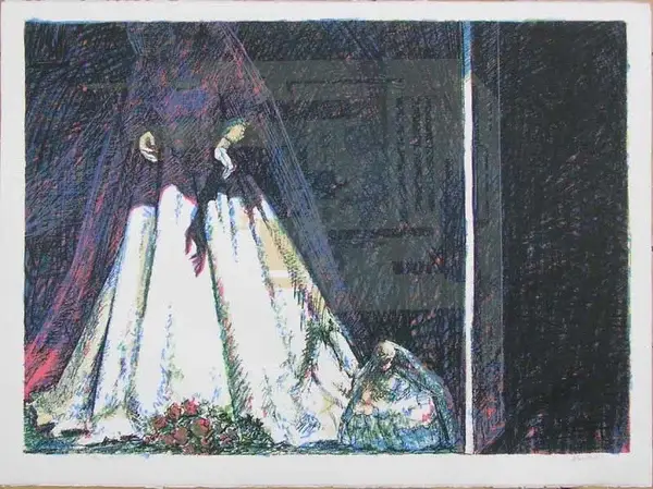 John Hardy (USA 1923-2014)  Kleurenlithografie 'Bride' ~1980  Gesigneerd met potlood