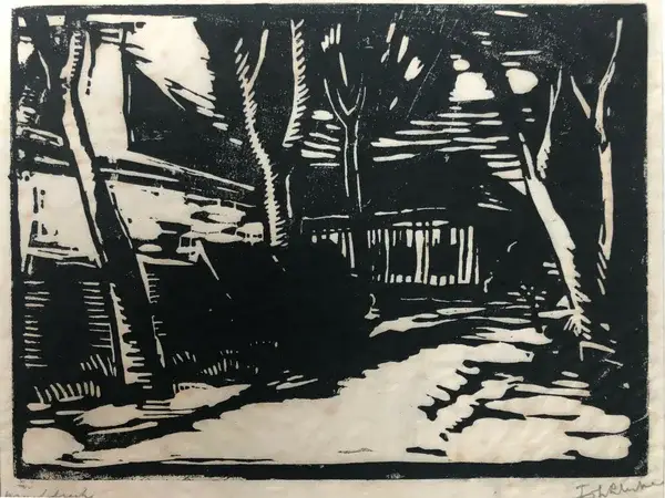 Jozef Cantré (1890-1957)   Houtsnede 'Boerderij tussen bomen' ~1925  Gesigneerd met potlood