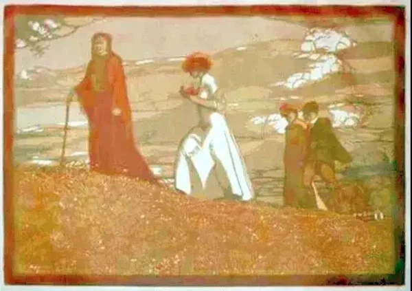 Karl Schmoll von Eisenwerth (1879-1948)  Kleurenhoutsnede ‘Der Spaziergabg’ ~1904  Gesigneerd met potlood