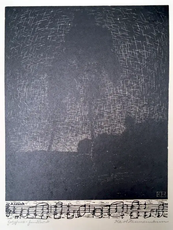 Karl Hennemann (1884-1972)  Houtsnede ‘Bomen bij nacht - Serenade Chr. Linding’ ~1920  Gesigneerd met potlood